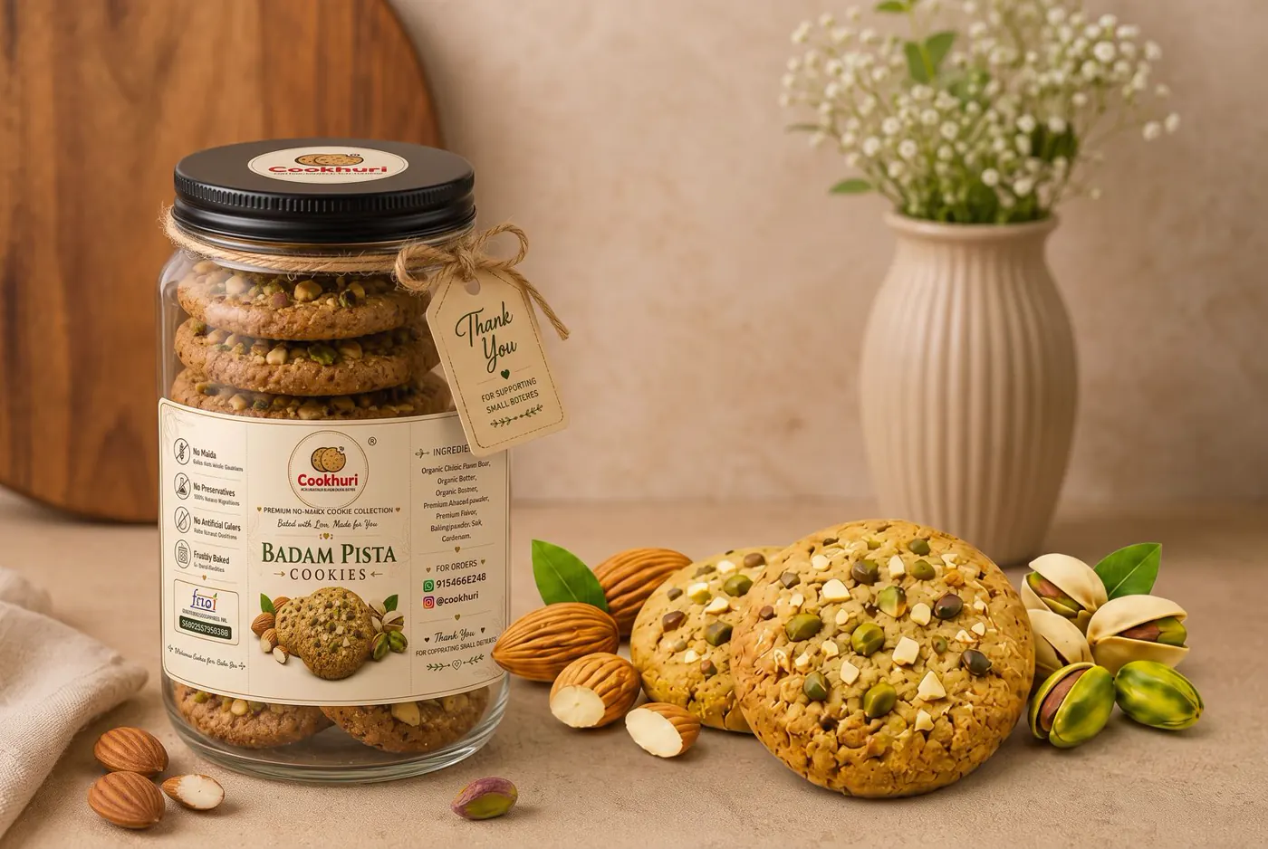 An assortment of Cookhuri hand-crafted cookies on marble